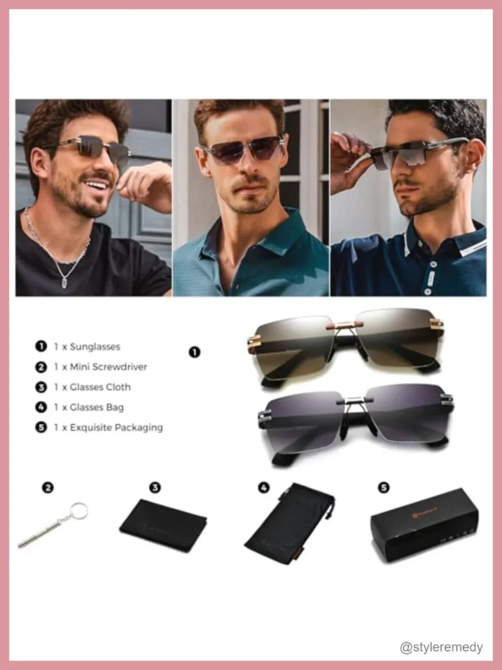 Rimless Rectangle Sunglasses Frameless UV Protection Square Shades Vintage
